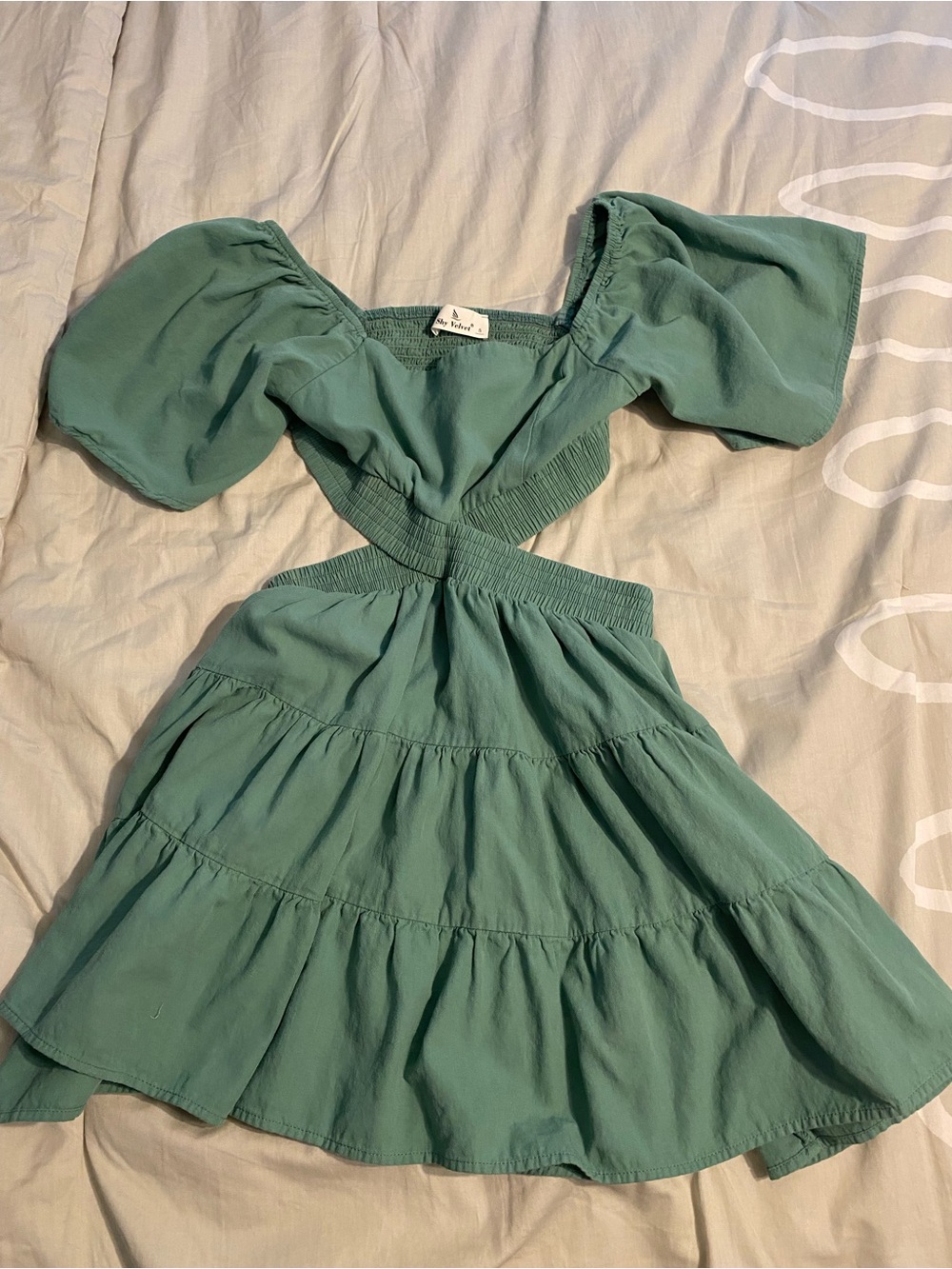 Shy Velvet Sage Green Puff-Sleeve Cutout Mini Dress